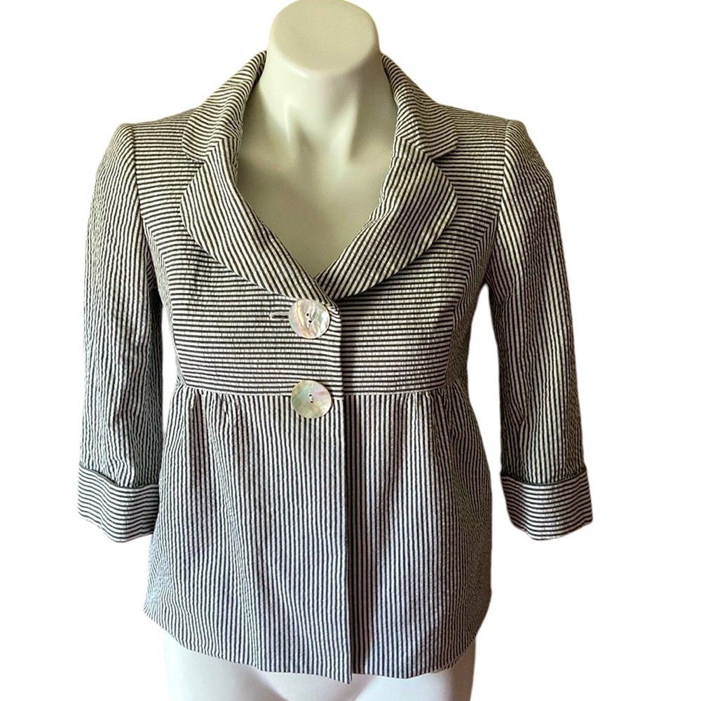 Liz Claiborne Suits Petite Light Blue Striped Seersucker Jacket Career Y2K